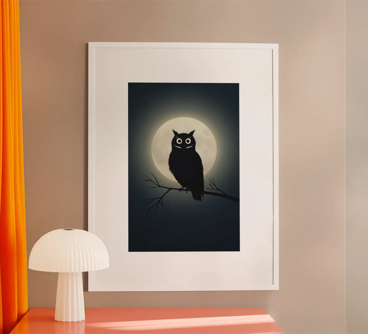 Sagoma di gufo su un ramo di fronte alla luna piena poster da DesignDoodle