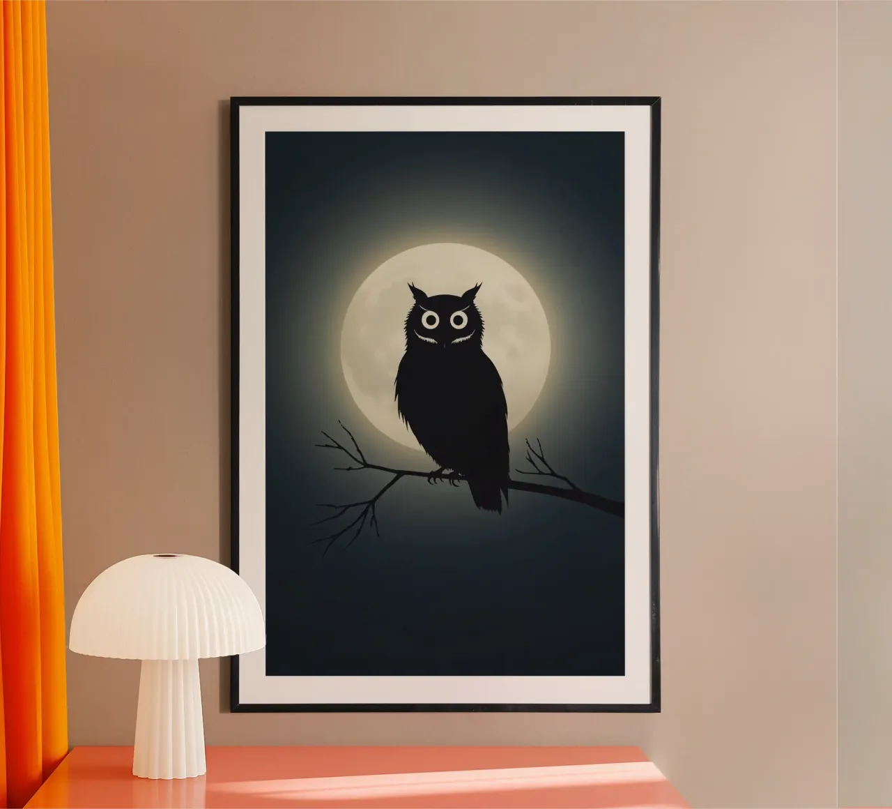 Sagoma di gufo su un ramo di fronte alla luna piena poster da DesignDoodle