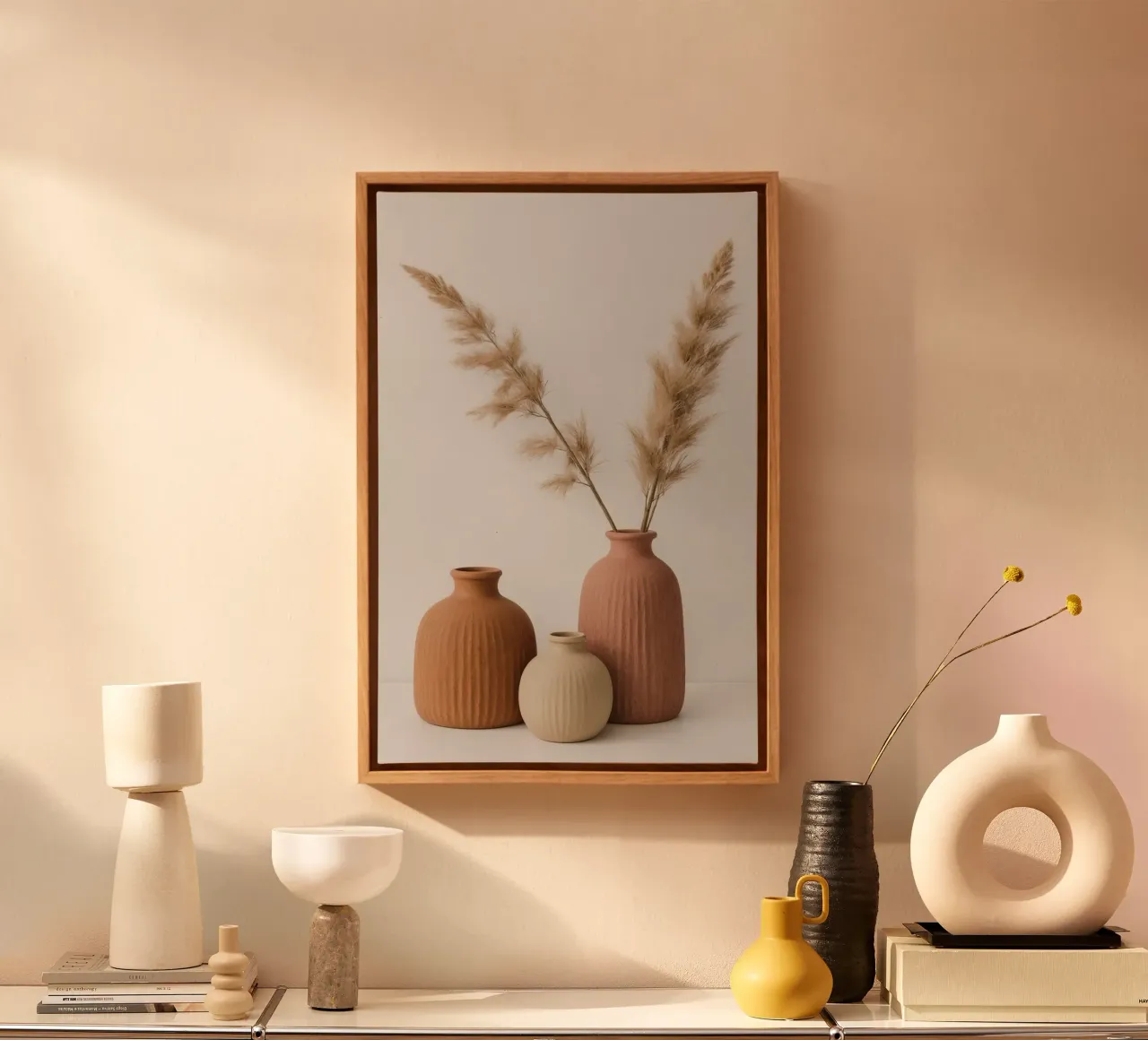 Tres jarrones con hierba de la Pampa lienzo con Marco flotante de DesignDoodle