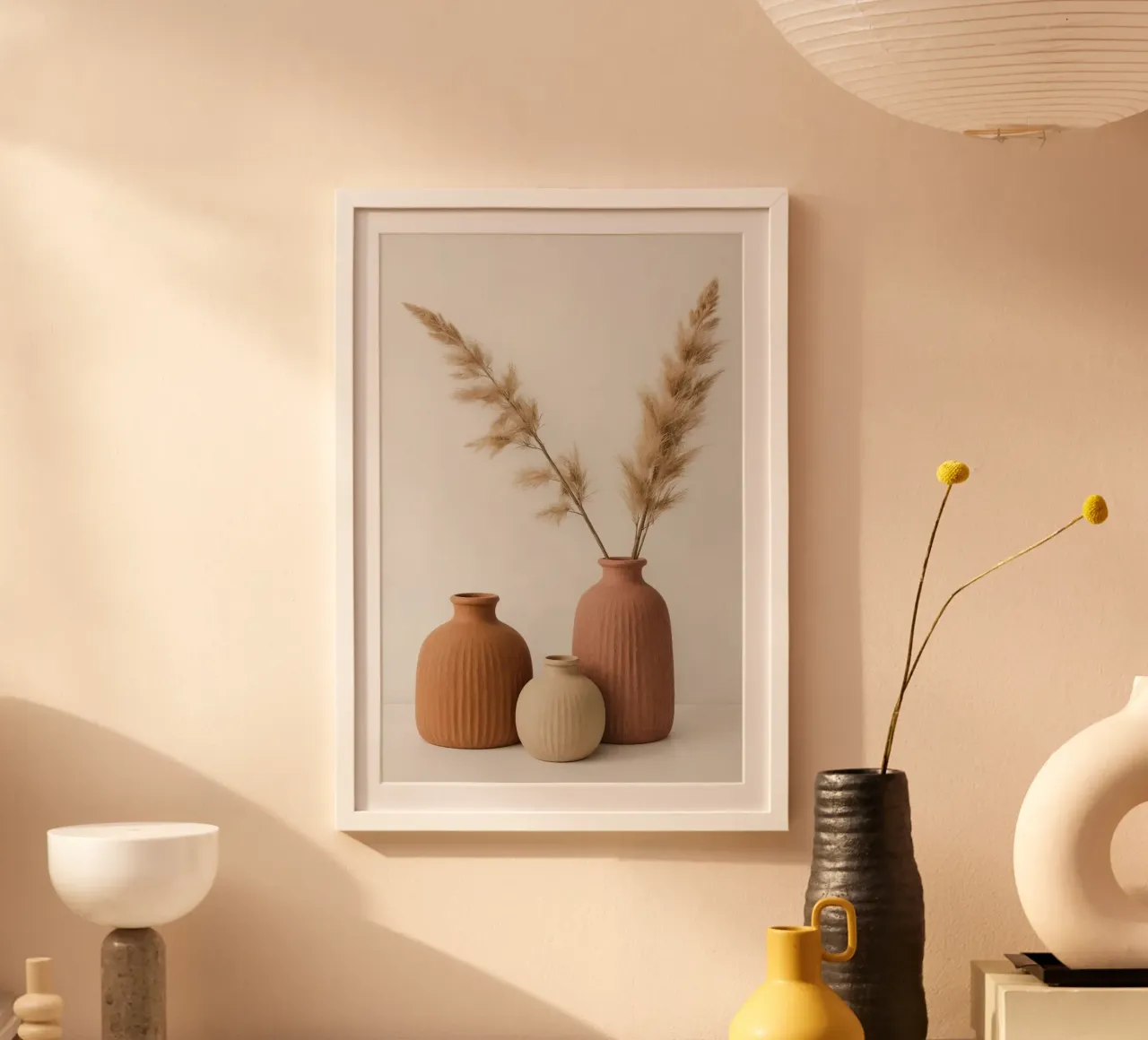 Tre vasi con erba di pampa poster con telaio in alluminio da DesignDoodle