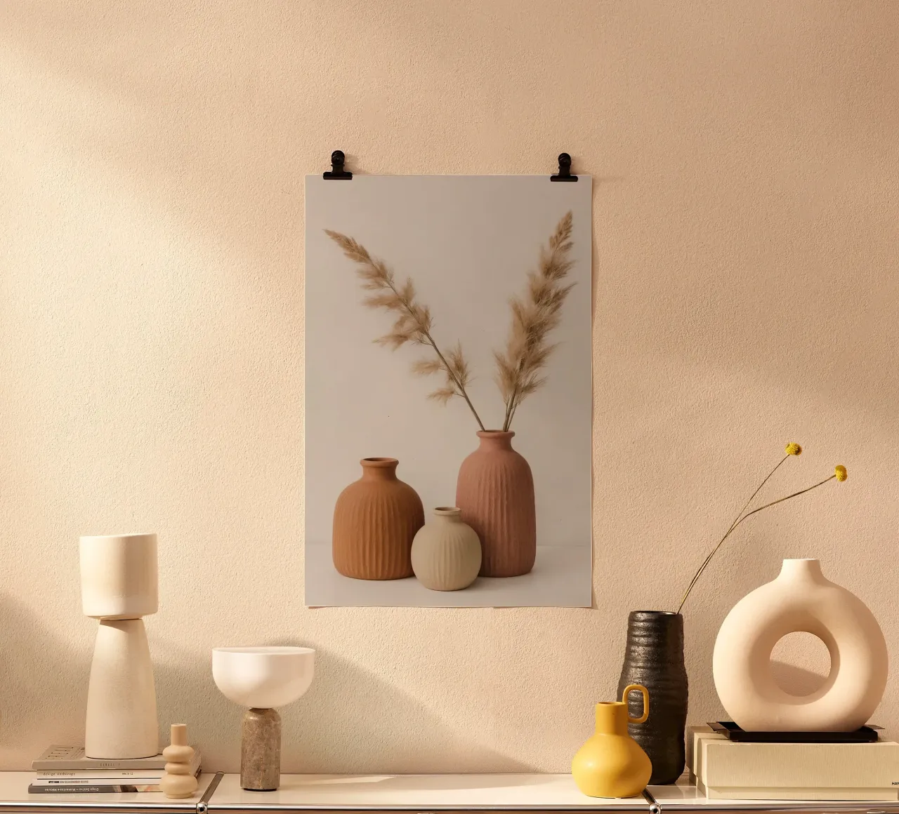 Tre vasi con erba di pampa poster con telaio in alluminio da DesignDoodle