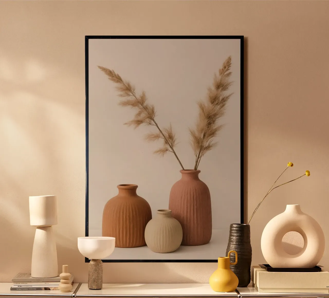Tre vasi con erba di pampa poster con telaio in alluminio da DesignDoodle