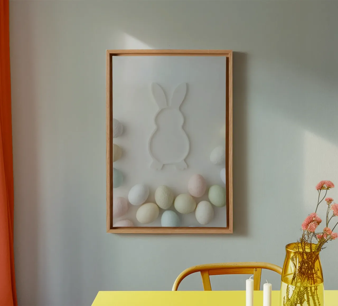 Sagoma di coniglietto bianco e uova pastello su sfondo bianco tela con Cornice a cassetta da DesignDoodle