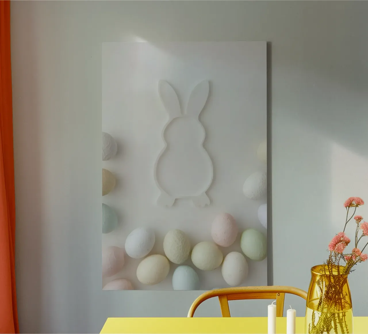 Sagoma di coniglietto bianco e uova pastello su sfondo bianco tela con Cornice a cassetta da DesignDoodle