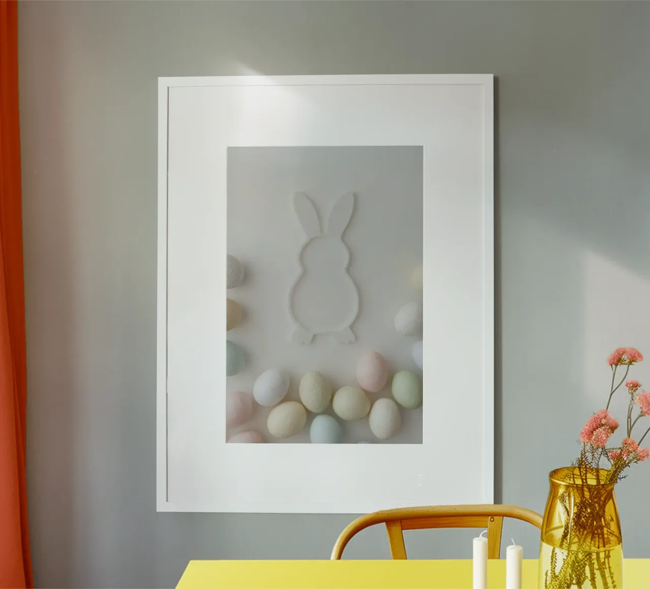 Sagoma di coniglietto bianco e uova pastello su sfondo bianco poster da DesignDoodle