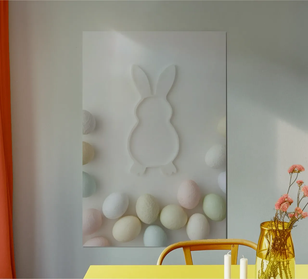 Sagoma di coniglietto bianco e uova pastello su sfondo bianco poster da DesignDoodle