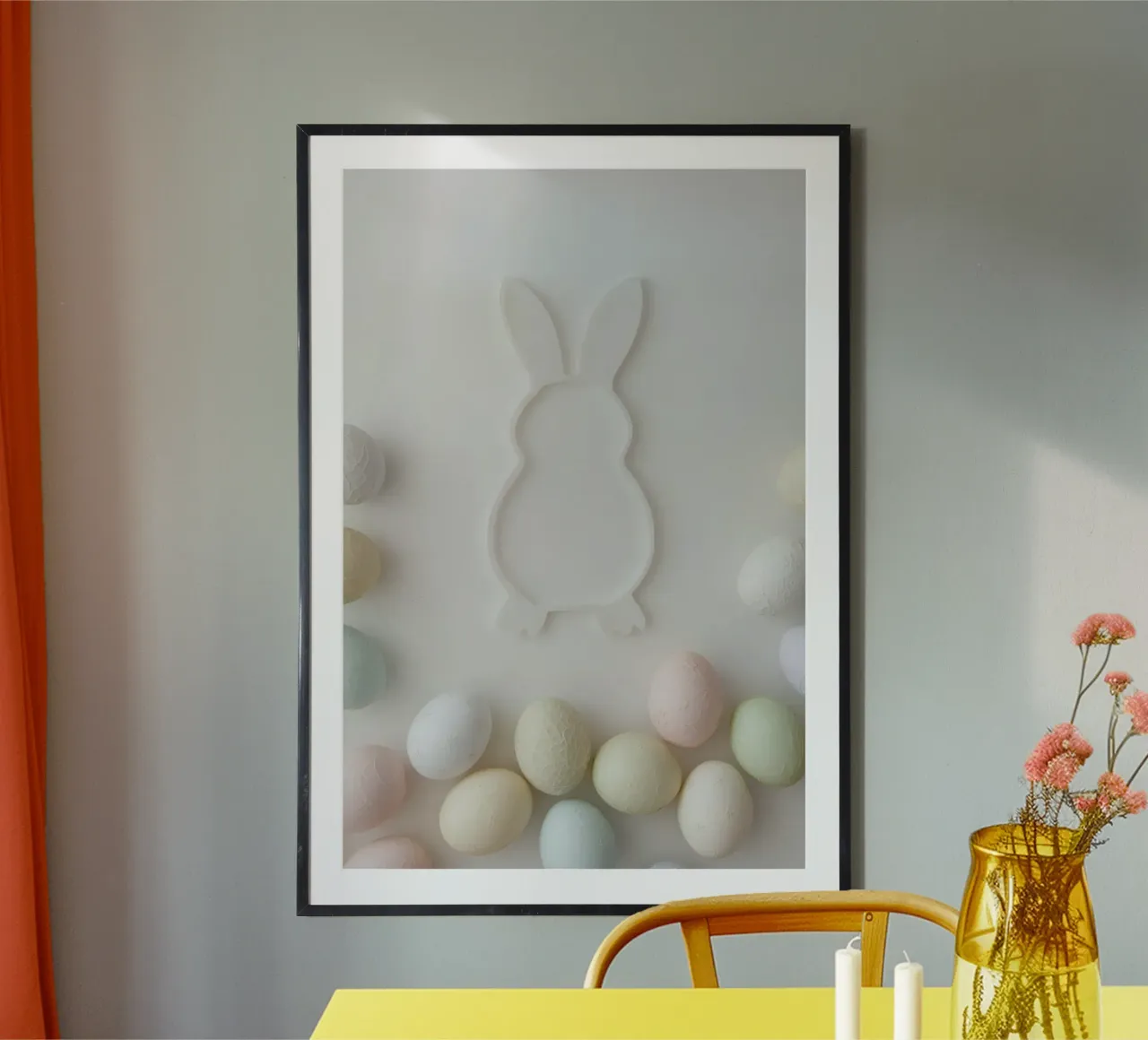 Sagoma di coniglietto bianco e uova pastello su sfondo bianco poster da DesignDoodle