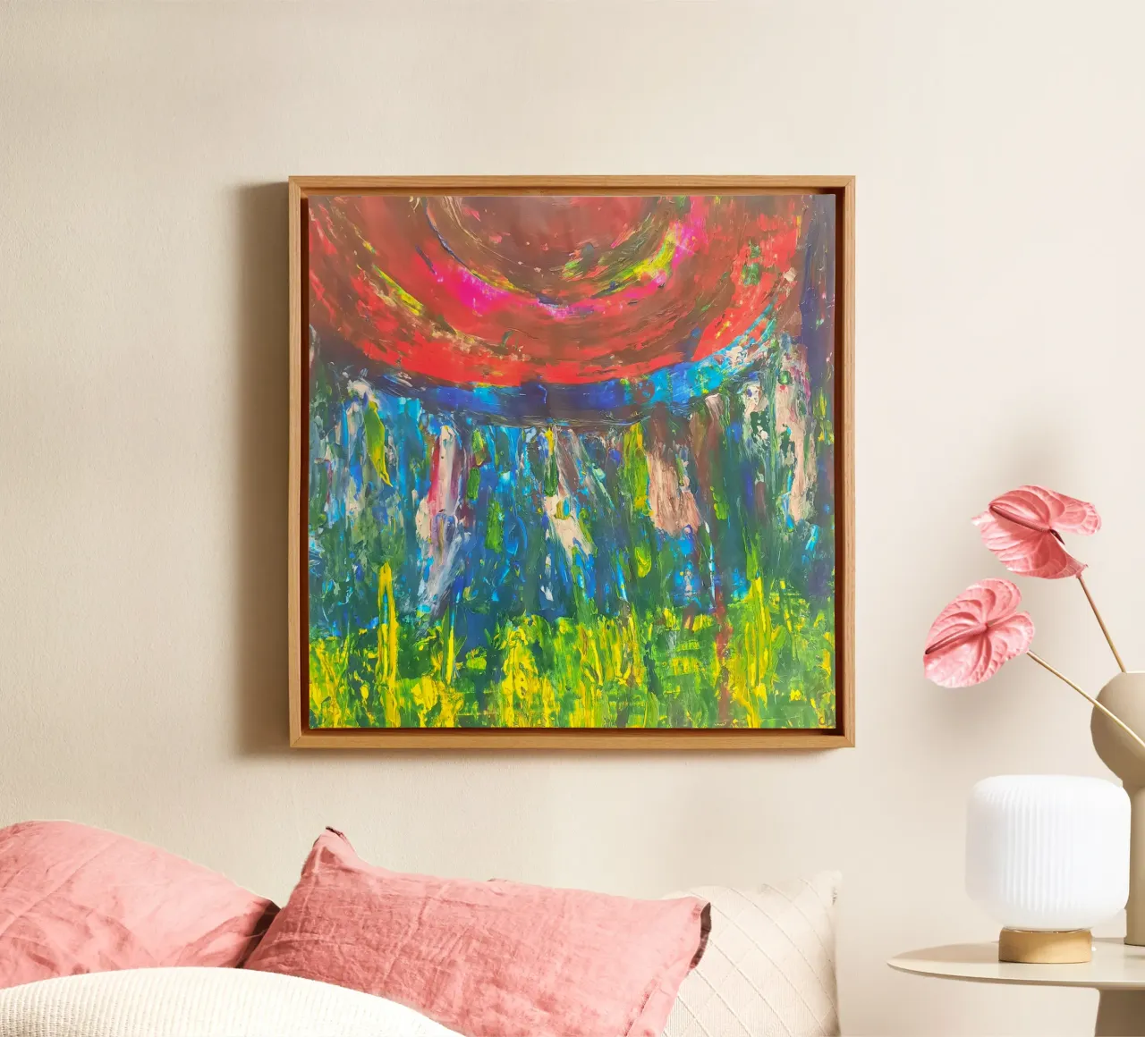 Abstract painting with primary colours and variations canvas with Floater frame by Cohe studio