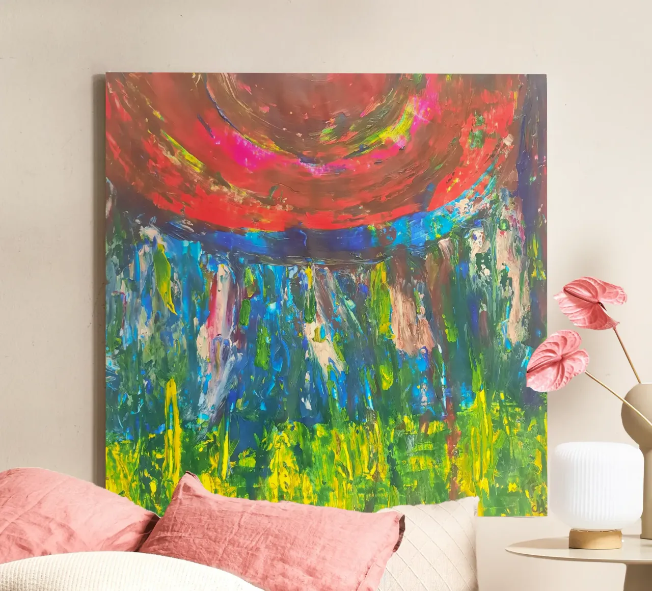 Abstract painting with primary colours and variations canvas with Floater frame by Cohe studio