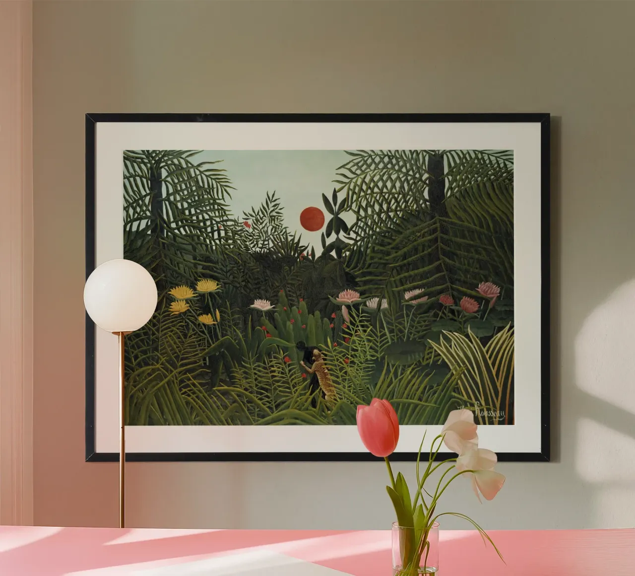 Foresta vergine con tramonto di Henri Rousseau poster con telaio in plastica da Art History