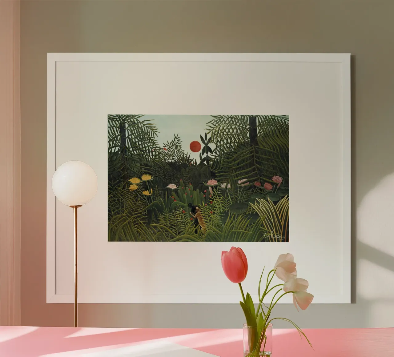 Foresta vergine con tramonto di Henri Rousseau poster con telaio in plastica da Art History