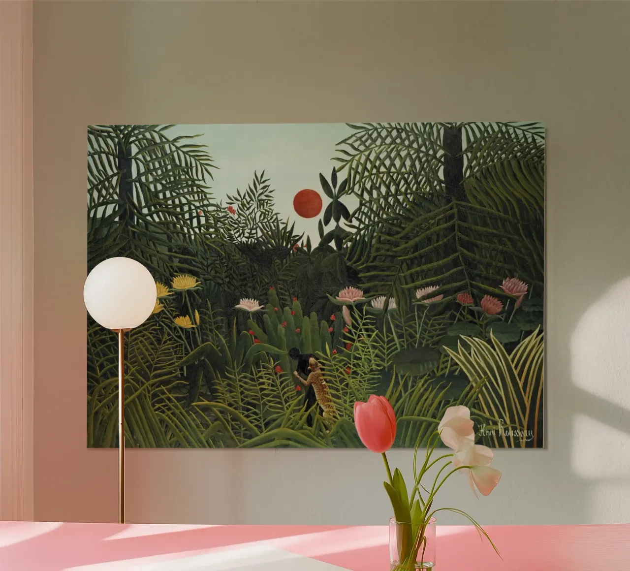 Foresta vergine con tramonto di Henri Rousseau poster con telaio in plastica da Art History