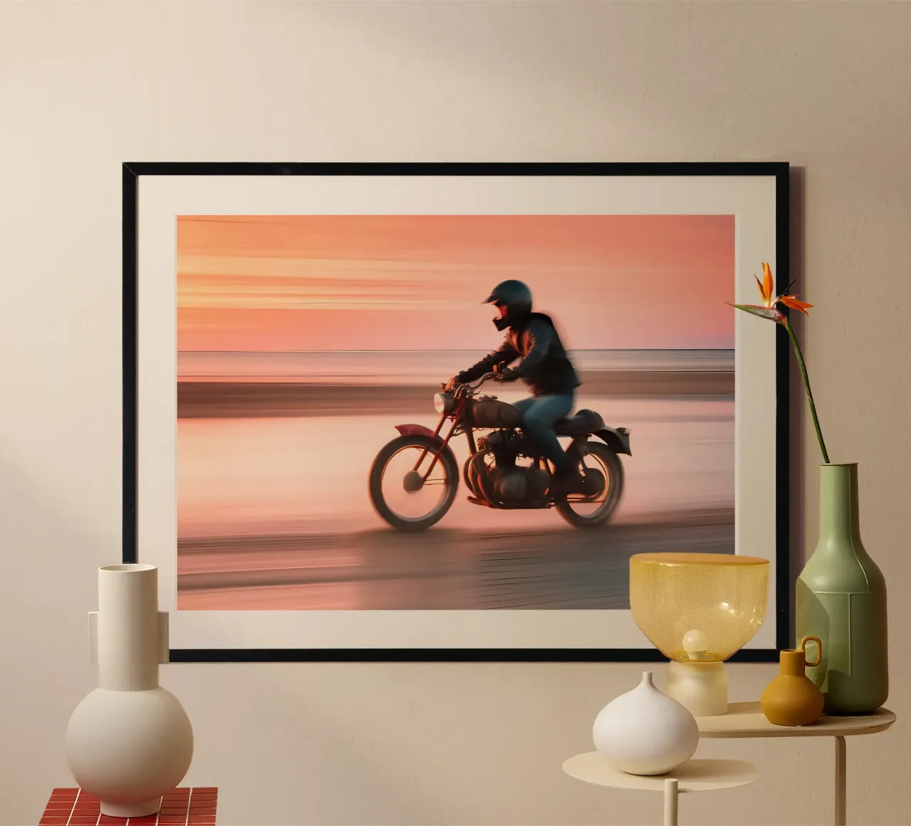 Sunset Driver poster con telaio in plastica da ICONICA Art Studio