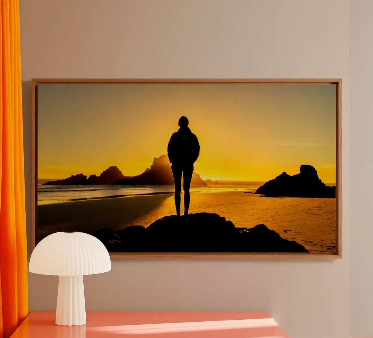 Meisje bij zonsondergang canvas met Baklijst van anderm