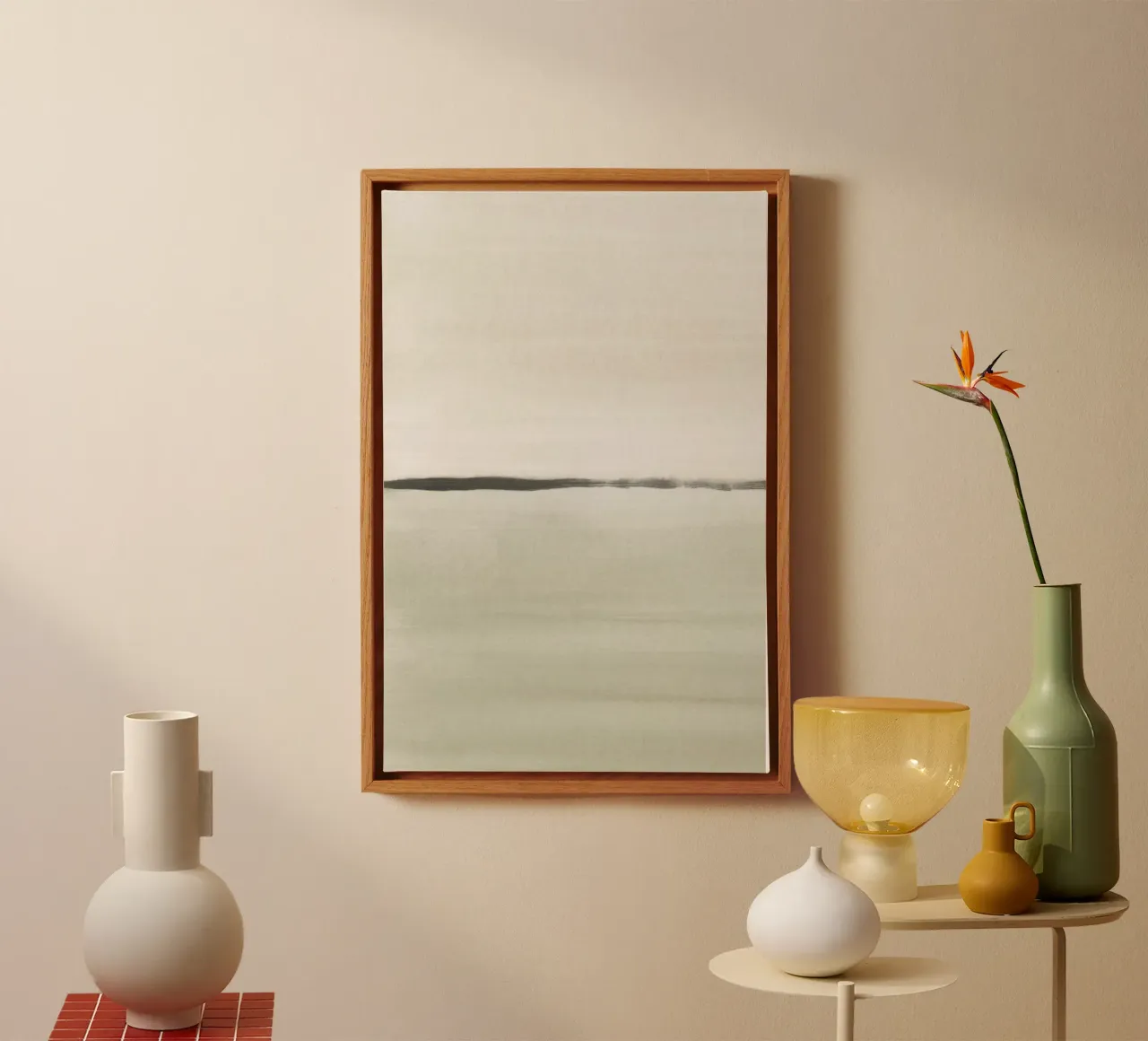 Acquerello minimalista verde e beige 1/2 tela con Cornice a cassetta da NouveauPrints