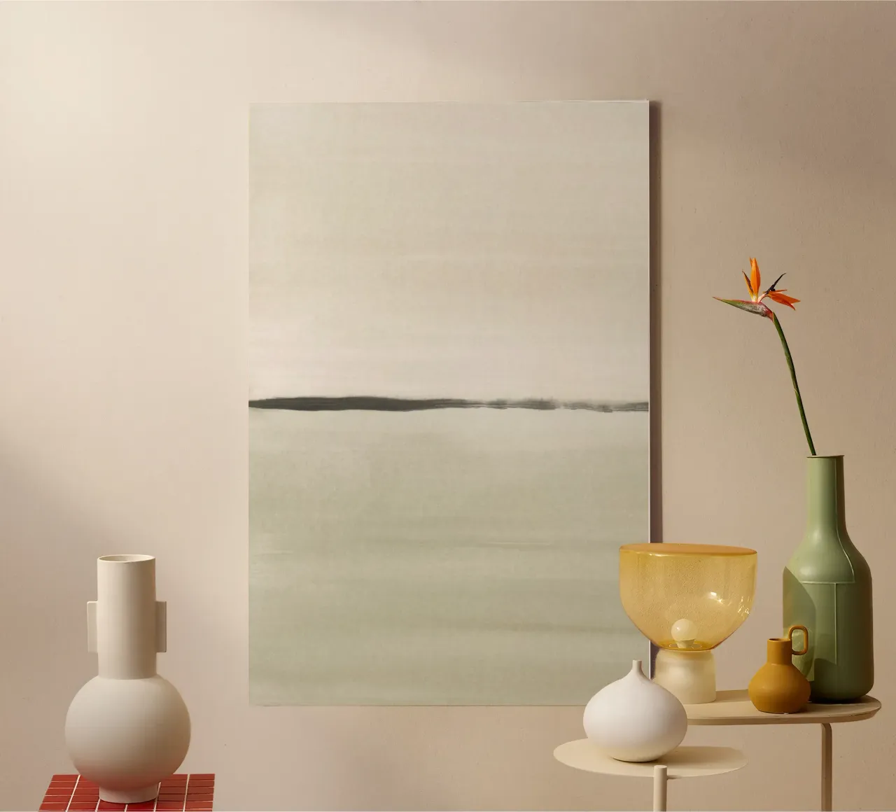 Acquerello minimalista verde e beige 1/2 tela con Cornice a cassetta da NouveauPrints