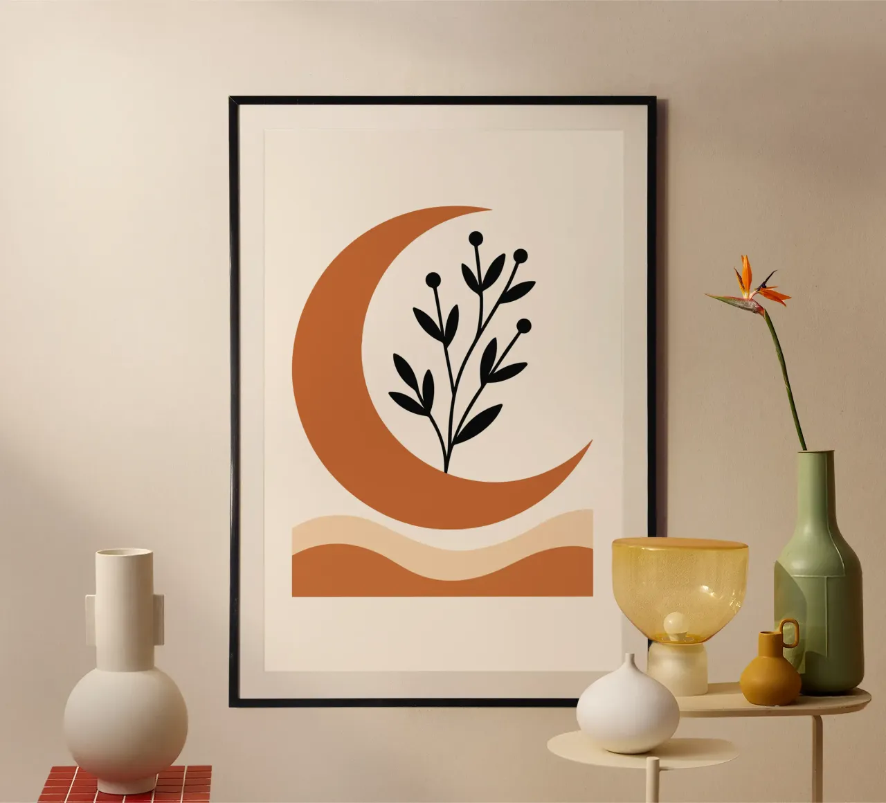 Crescent Moon with Wild Sprigs poster con telaio in plastica da LisaArtes