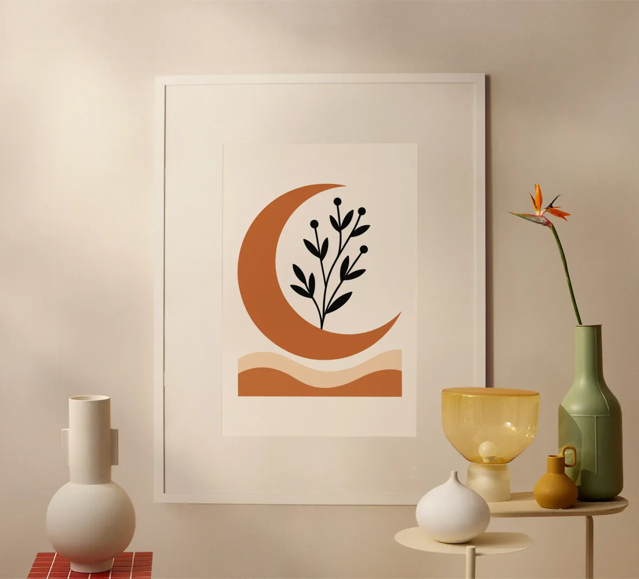 Crescent Moon with Wild Sprigs poster con telaio in plastica da LisaArtes