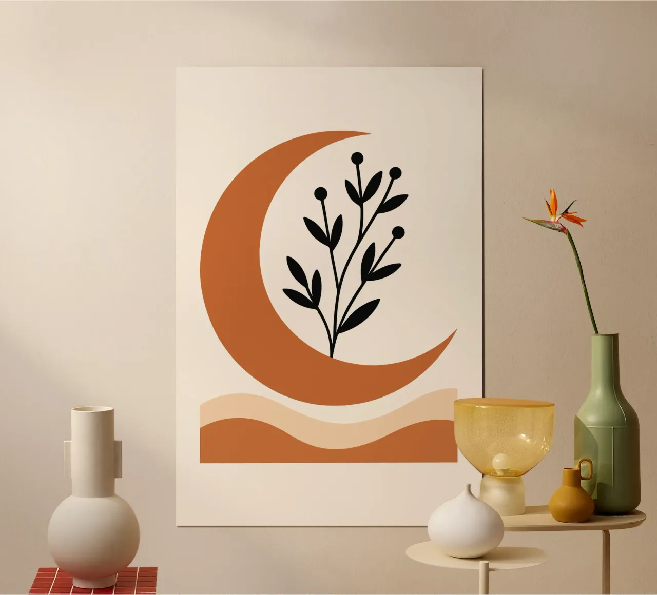 Crescent Moon with Wild Sprigs poster con telaio in plastica da LisaArtes