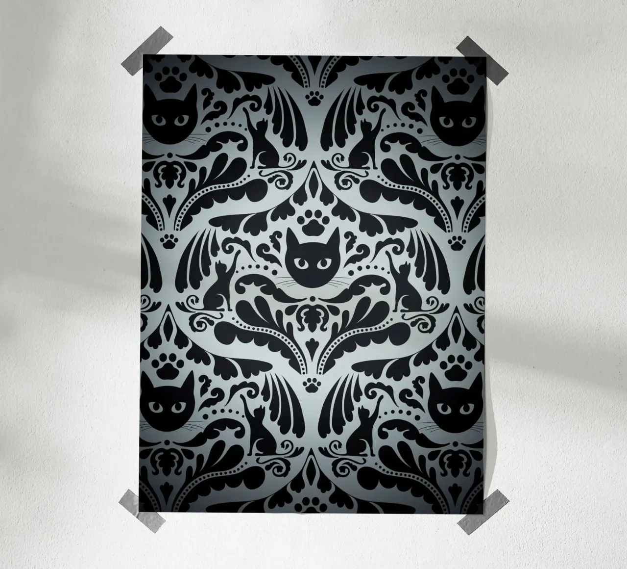 Damask Royal Cat - Elegant Black and White Decor poster da Dream Print Designs