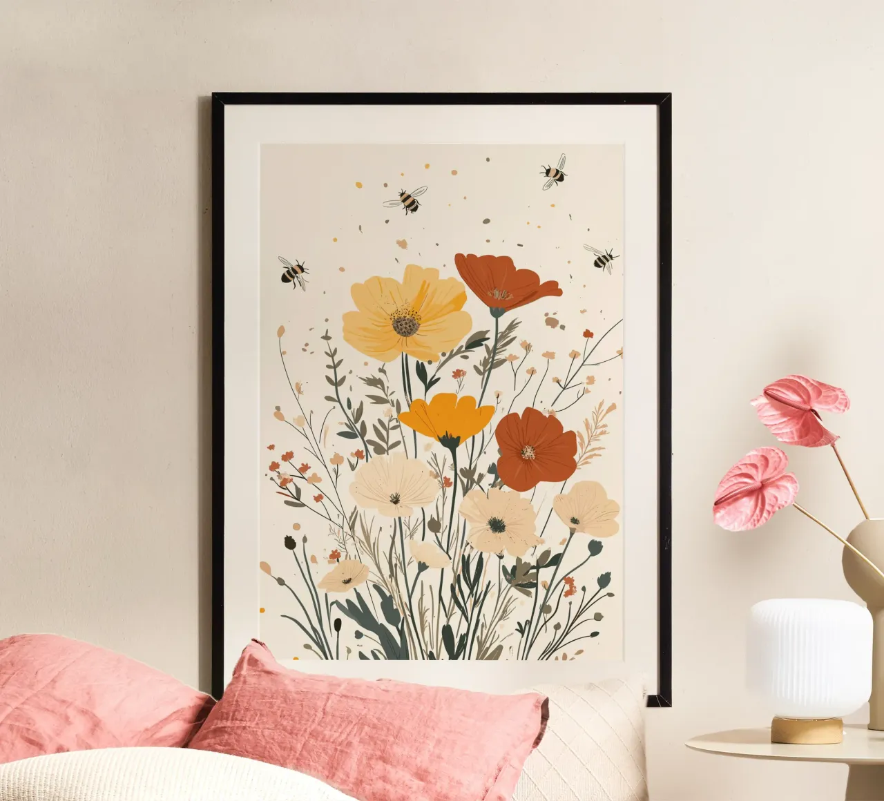 Fiori selvatici e api estive poster con telaio in plastica da pixelbull - medieval art and more