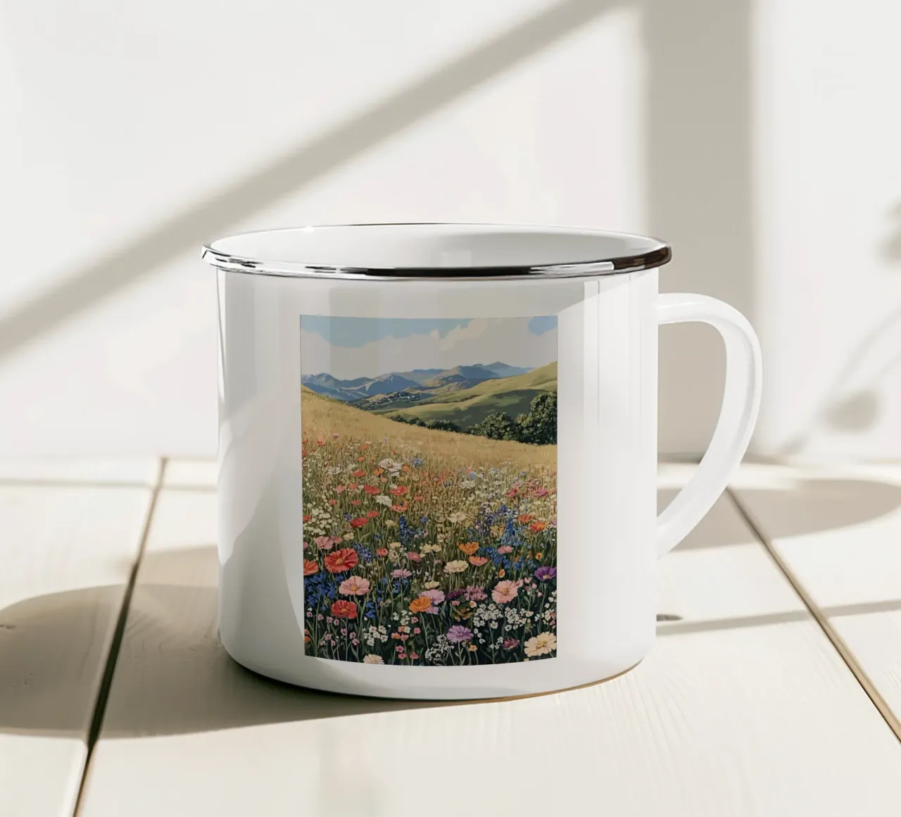 Mare di fiori tra dolci colline tazza in smalto da pixelbull - medieval art and more