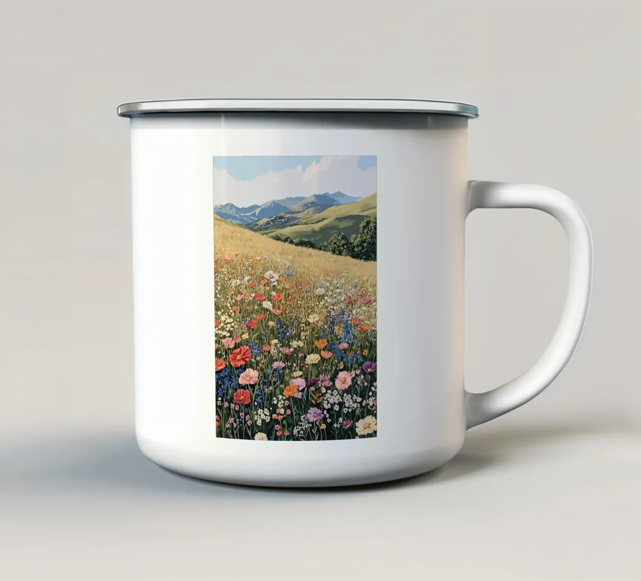 Mare di fiori tra dolci colline tazza in smalto da pixelbull - medieval art and more