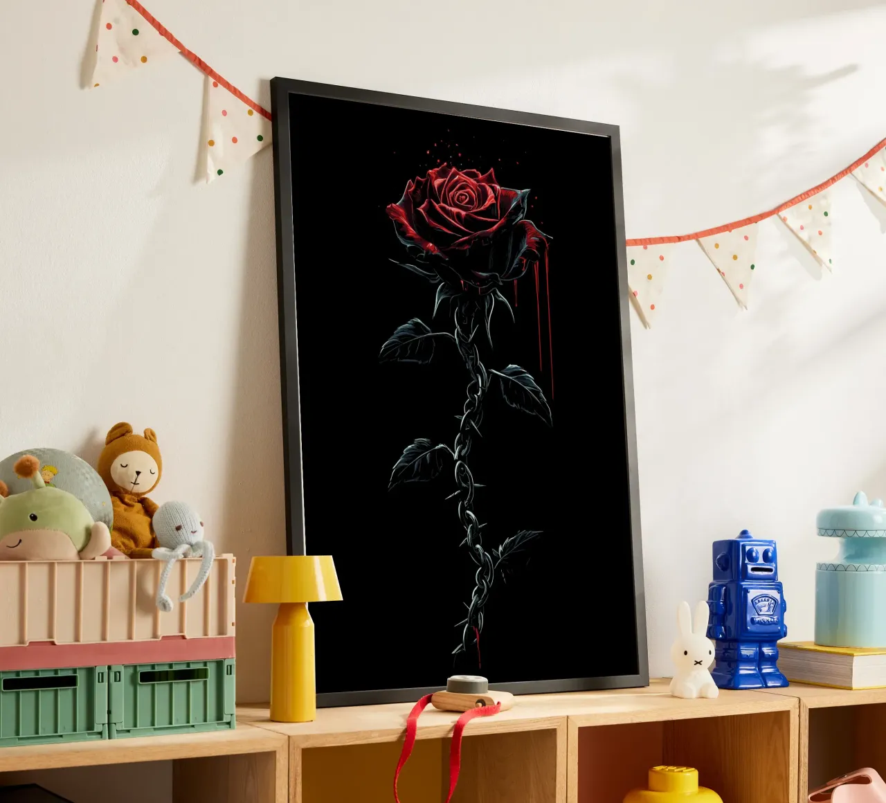 Collana di rose rosso sangue con spine poster con telaio in alluminio da pixelbull - medieval art and more