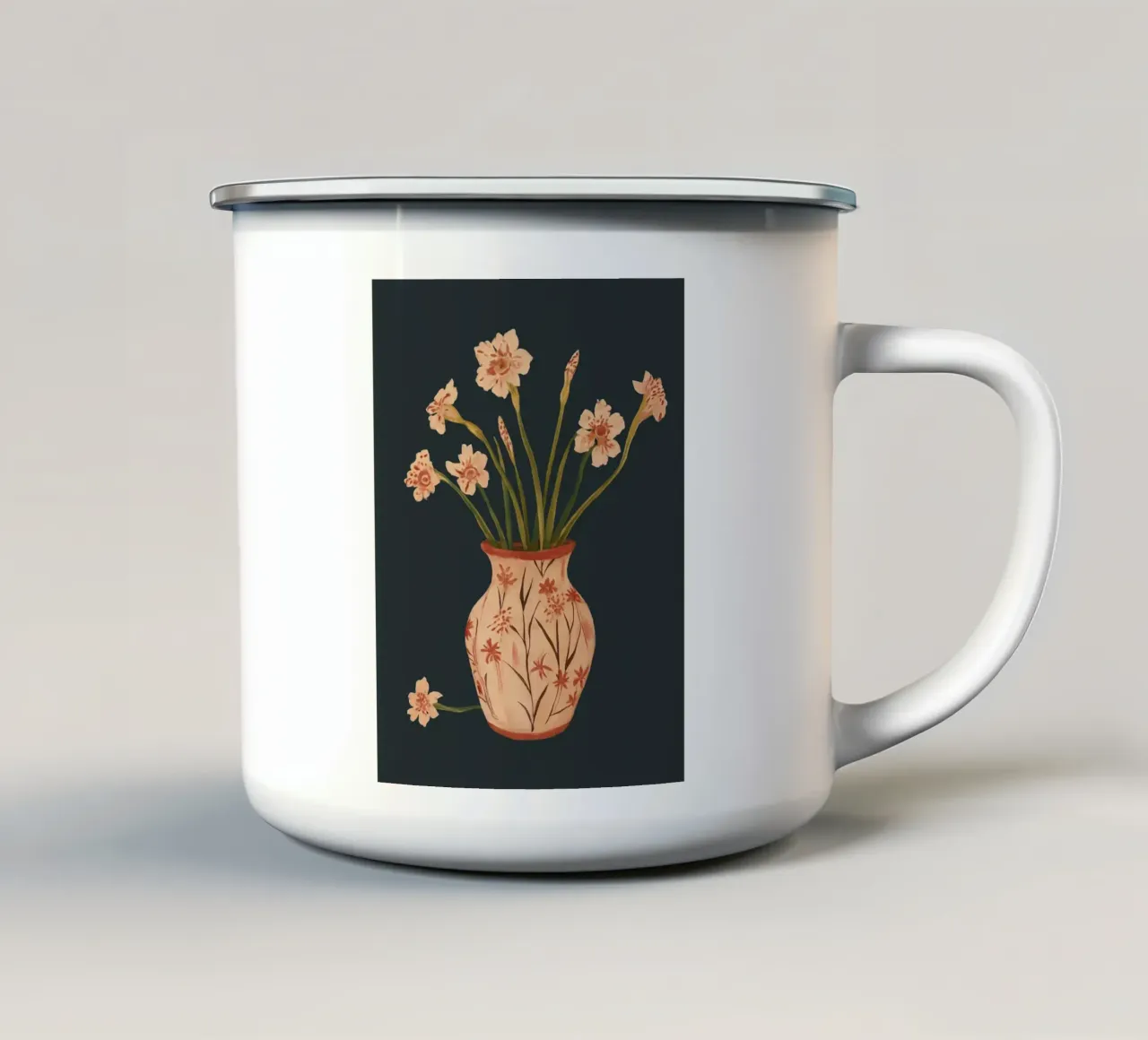 Fiori di colore rosa in un vaso dipinto tazza in smalto da ThingDesign