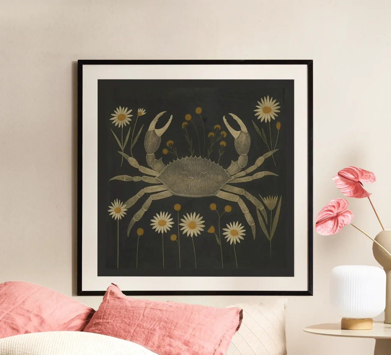 Granchio con margherite poster con telaio in legno da ThingDesign