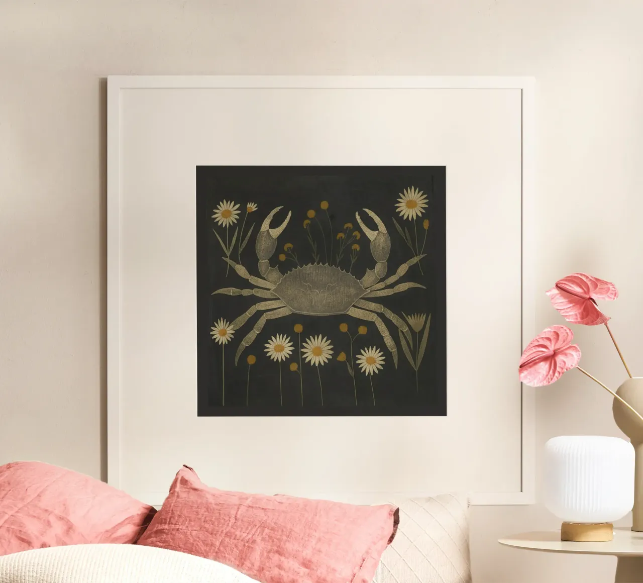 Granchio con margherite poster con telaio in legno da ThingDesign