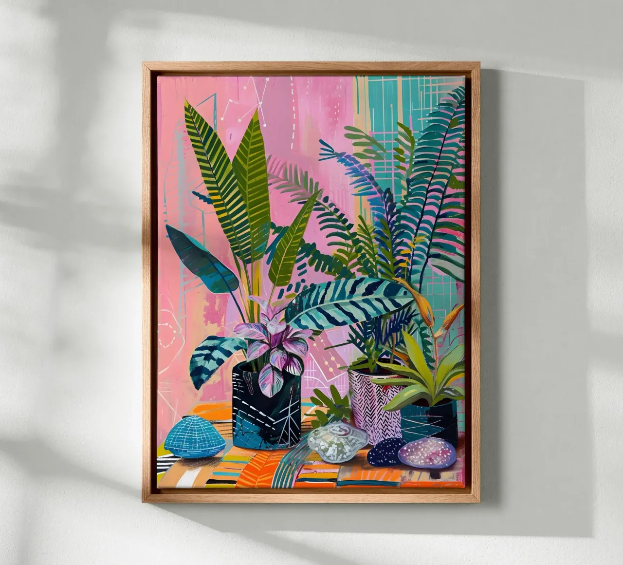 Beautiful plants & flowers & stones with abstract background canvas with Floater frame by Yaso Design & Art