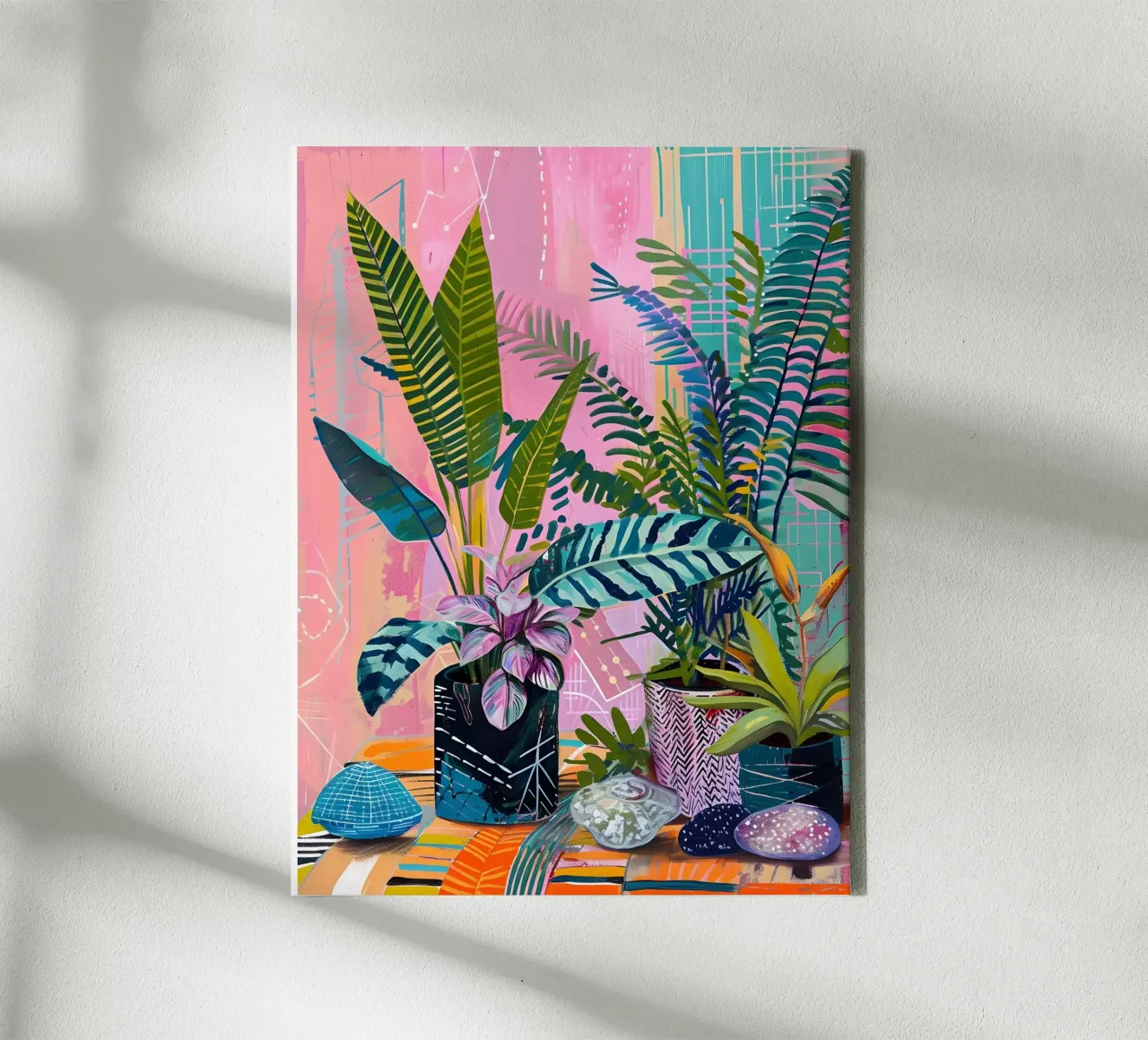 Beautiful plants & flowers & stones with abstract background canvas with Floater frame by Yaso Design & Art