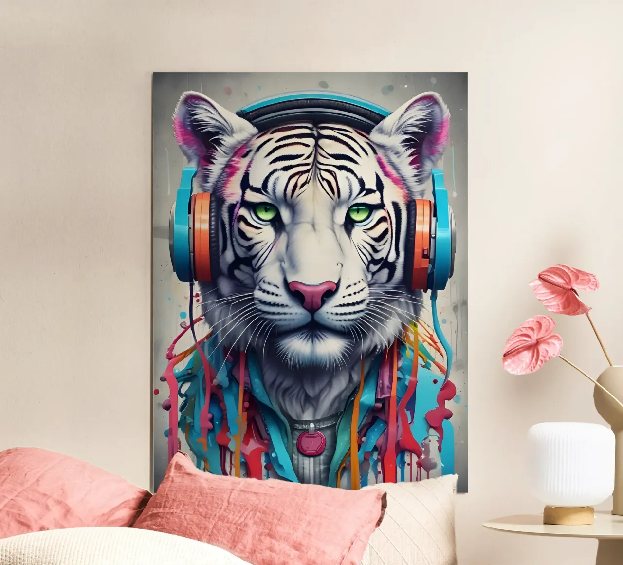 Tigre con cuffie poster con telaio in alluminio da MakArena