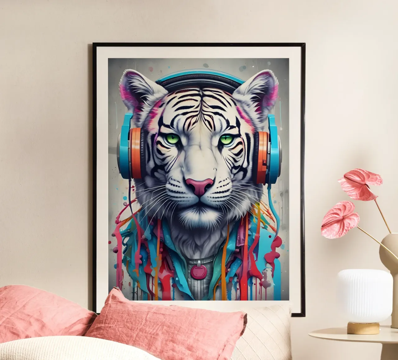 Tigre con cuffie poster con telaio in alluminio da MakArena