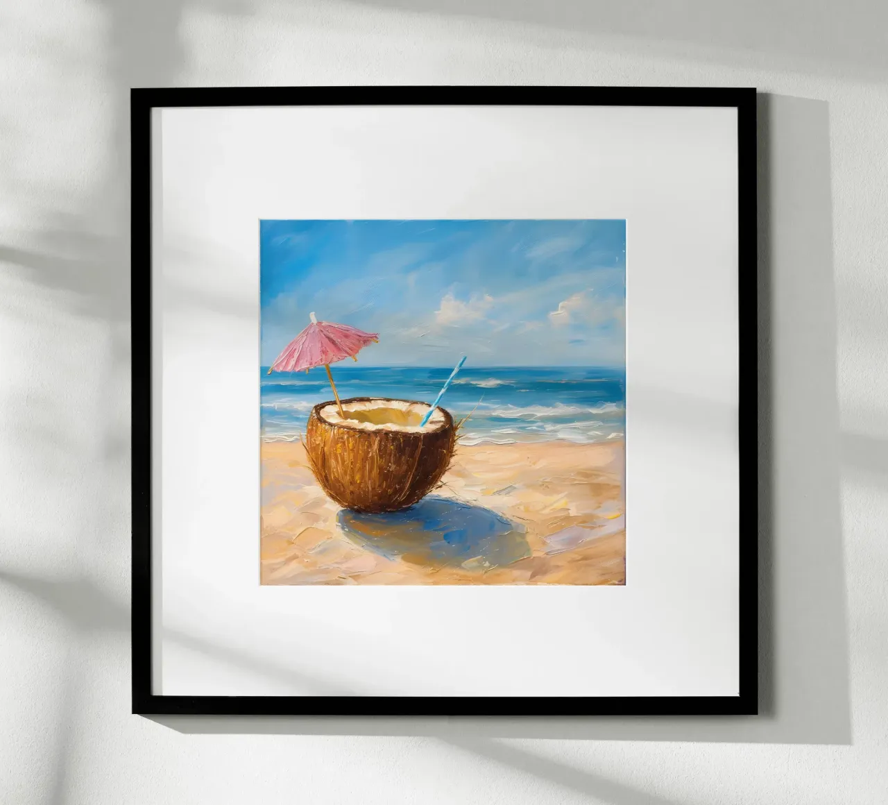 Noce di cocco sulla spiaggia con mare poster con telaio in plastica da Yaso Design & Art