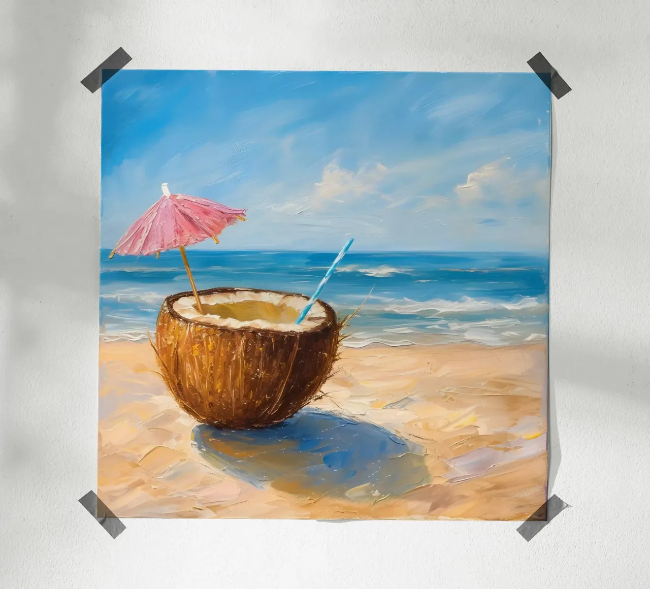 Noce di cocco sulla spiaggia con mare poster con telaio in plastica da Yaso Design & Art