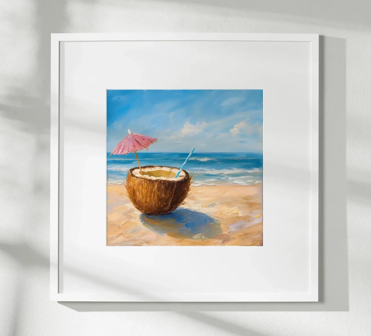 Noce di cocco sulla spiaggia con mare poster con telaio in plastica da Yaso Design & Art