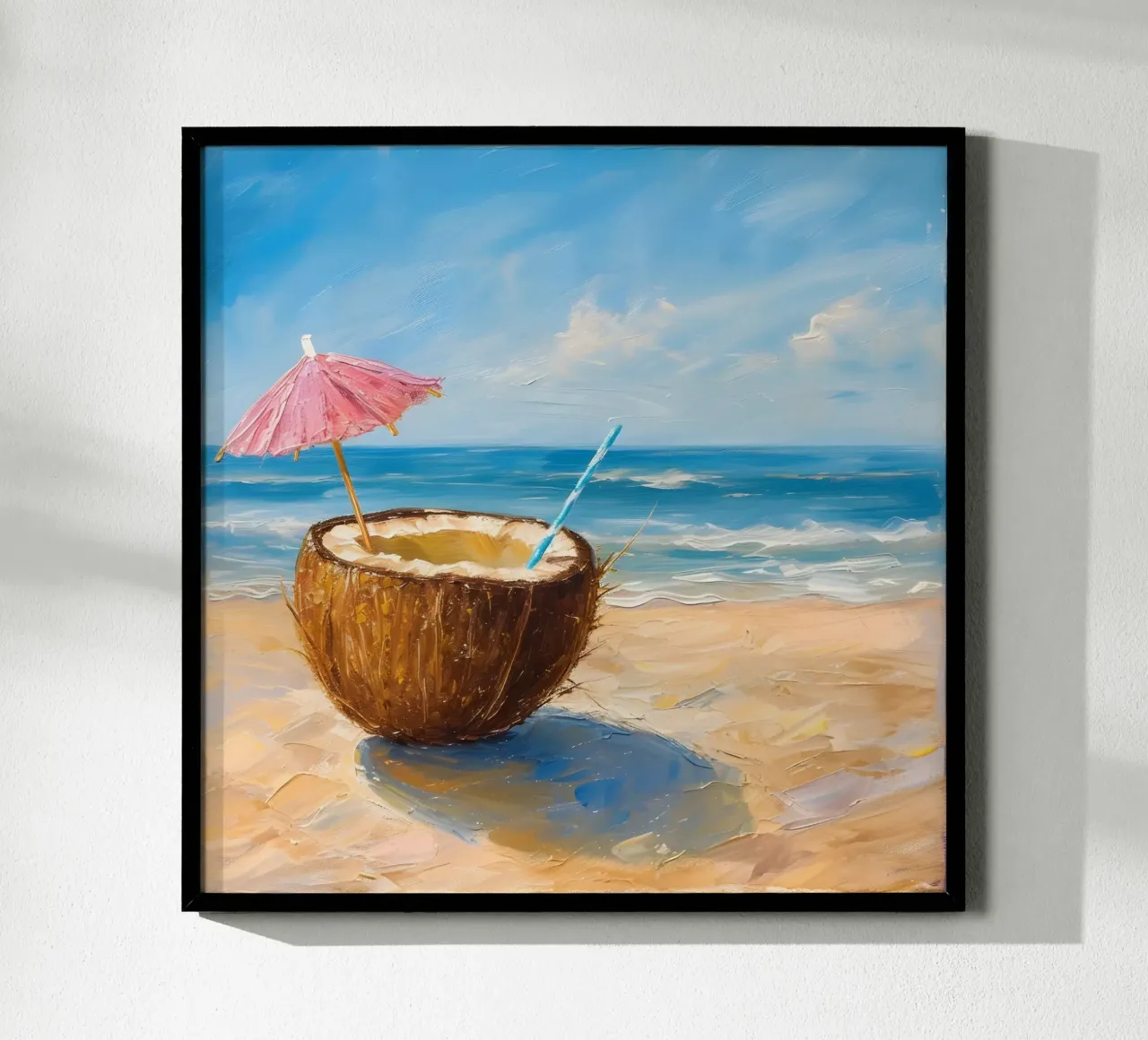 Noce di cocco sulla spiaggia con mare poster con telaio in plastica da Yaso Design & Art