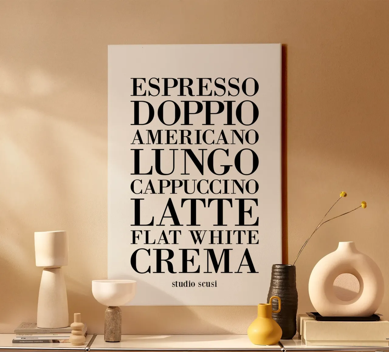 Coffee Types - Espresso Cappuccino Latte Crema Flat White tela con Cornice a cassetta da studio scusi