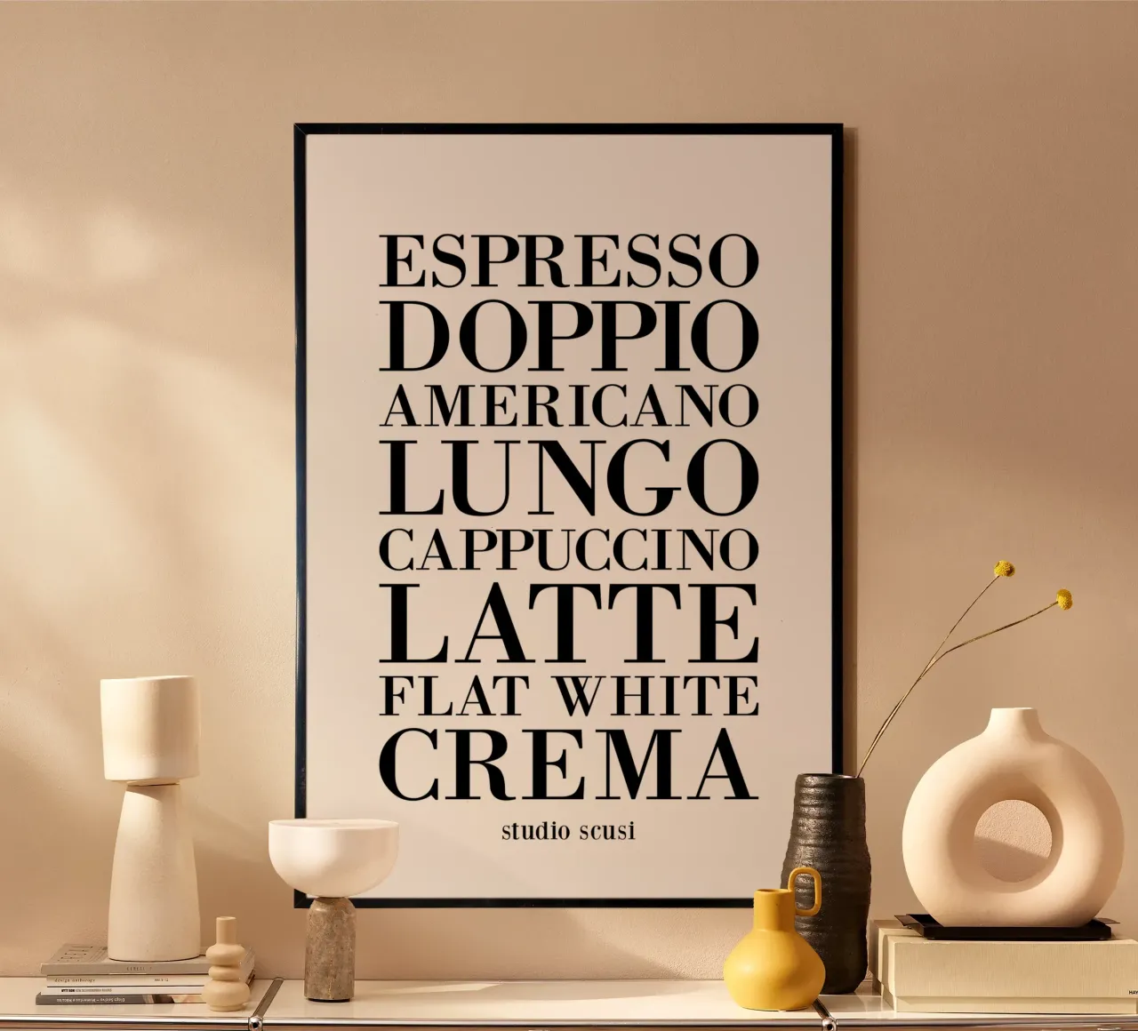 Coffee Types - Espresso Cappuccino Latte Crema Flat White poster con telaio in legno da studio scusi