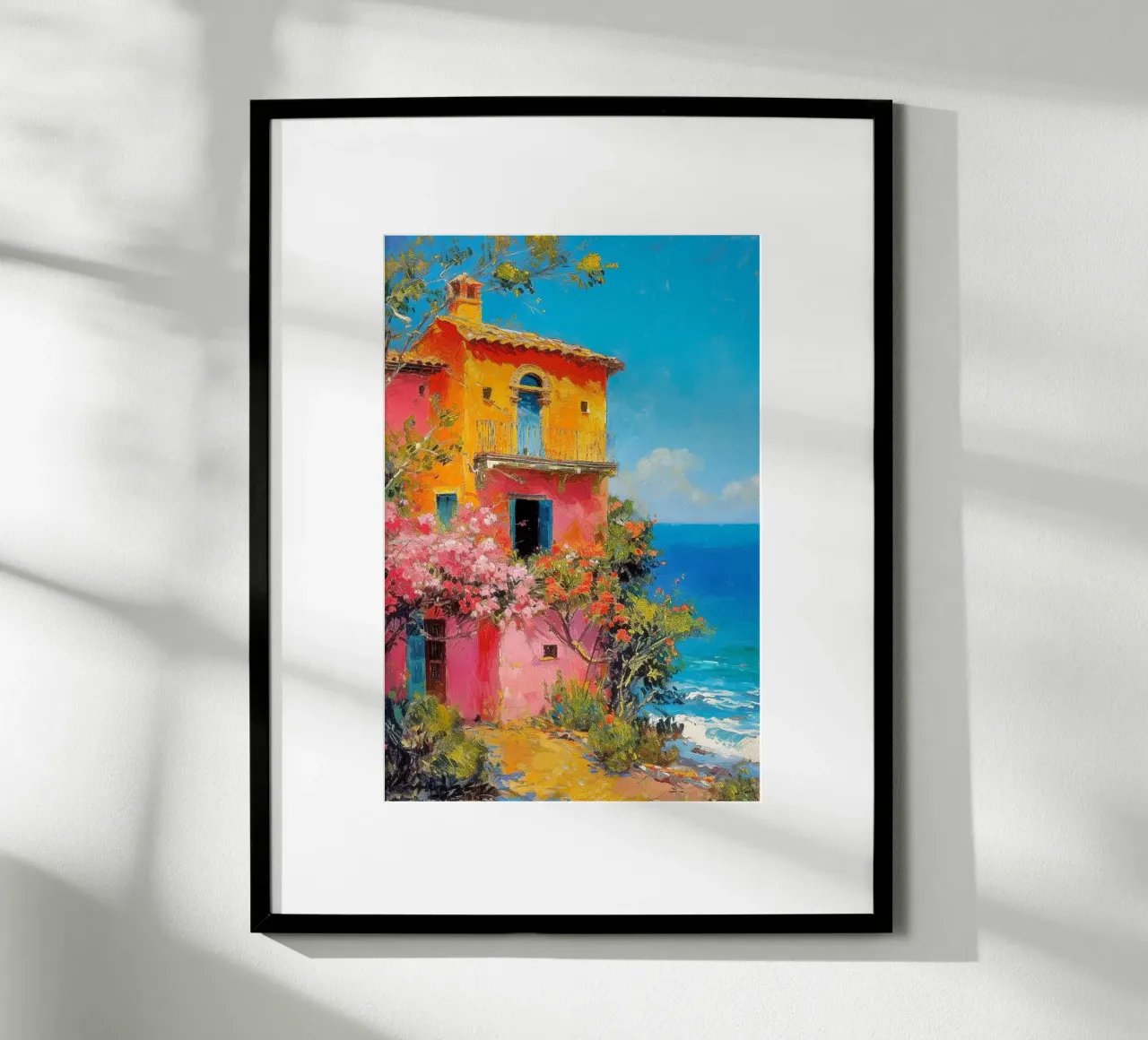Casa colorata in riva al mare poster con telaio in alluminio da Yaso Design & Art