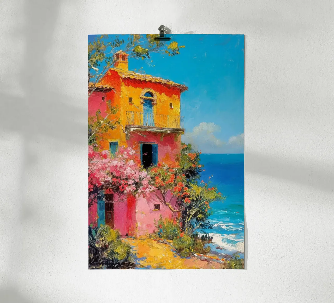 Casa colorata in riva al mare poster con telaio in alluminio da Yaso Design & Art