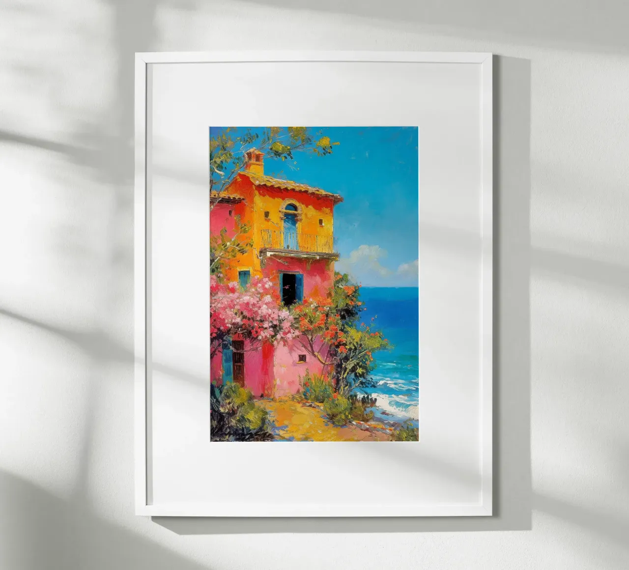 Casa colorata in riva al mare poster con telaio in alluminio da Yaso Design & Art