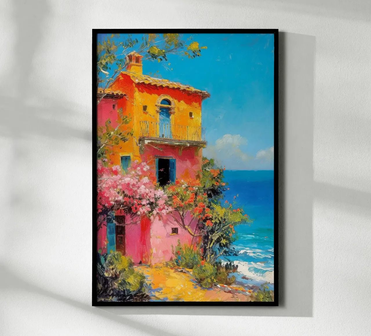 Casa colorata in riva al mare poster con telaio in alluminio da Yaso Design & Art