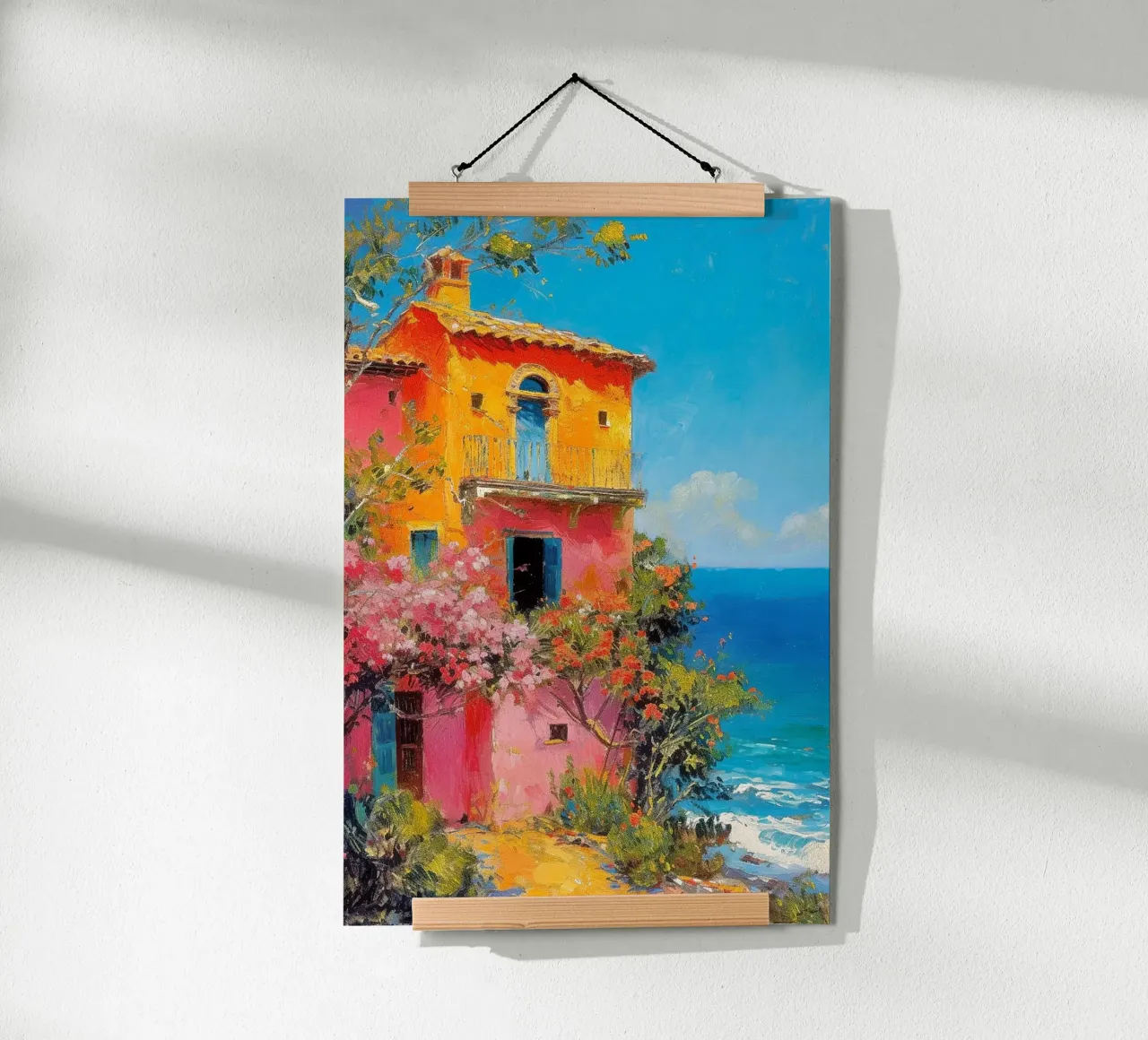Casa colorata in riva al mare poster con telaio in alluminio da Yaso Design & Art
