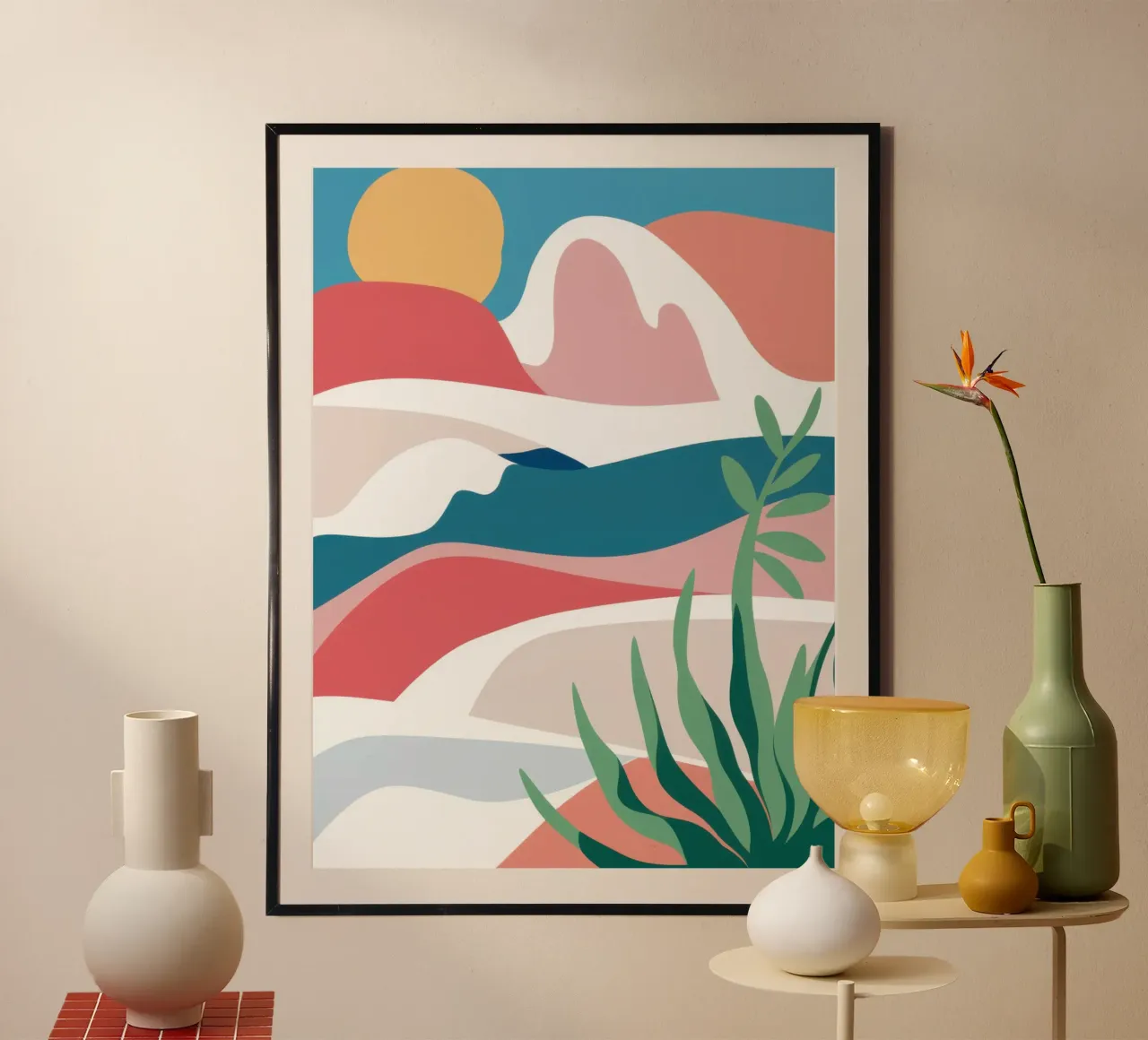 Strati di montagna nebbiosa poster con telaio in legno da Echo Saber