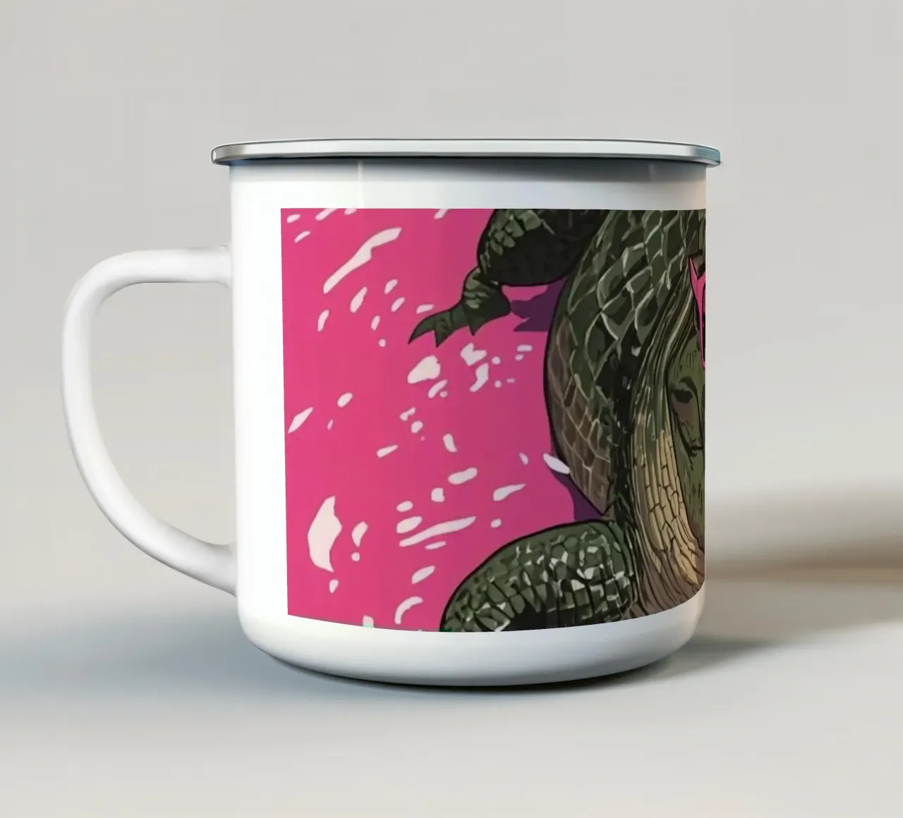 Alligatore in acqua rosa che indossa occhiali da sole tazza in smalto da DesignDoodle
