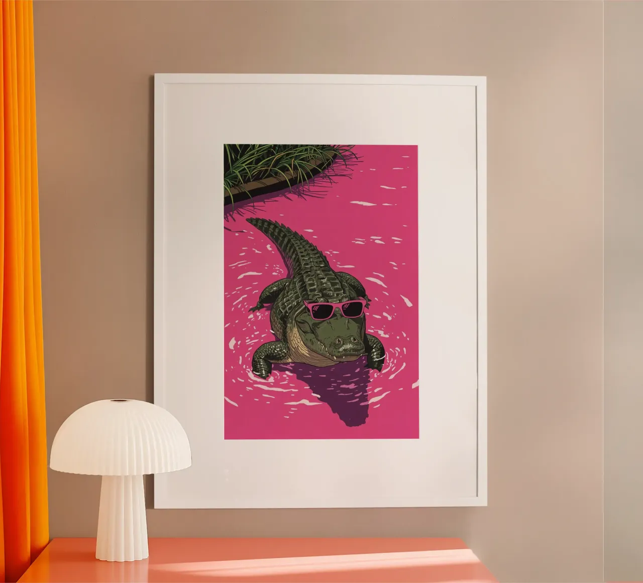 Alligatore in acqua rosa che indossa occhiali da sole poster da DesignDoodle