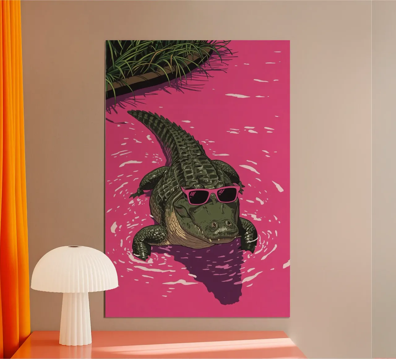 Alligatore in acqua rosa che indossa occhiali da sole poster da DesignDoodle